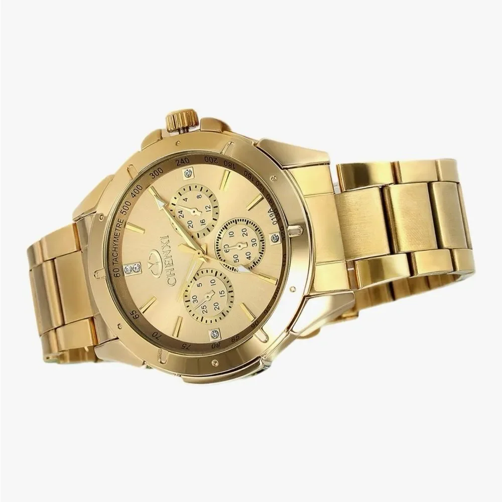 Gold Stainless Steel Luxury Watch Unisex Analog Quartz Chronographic Black Dial